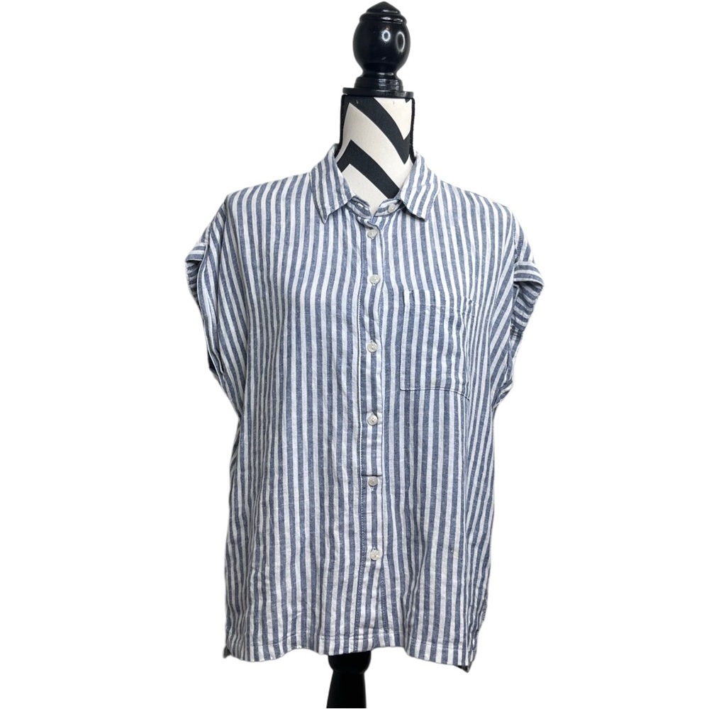 Orvis Navy and White Striped Linen Blend Sz M Short-Sleeve Button Front Shirt